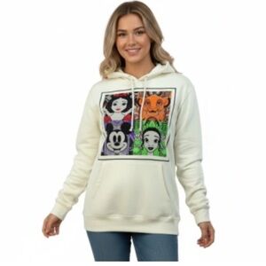 DISNEY 100 CREAM SWEATSHIRT HOODIE FEATURES SNOW WHITE SIMBA MICKY TIANA M 7-9